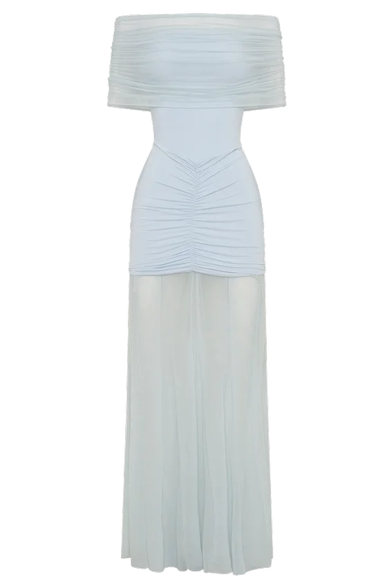 Caspian Slinky And Mesh Off Shoulder Maxi Dress – Pale Blue Caspian Slinky And Mesh Off Shoulder Maxi Dress – Pale Blue