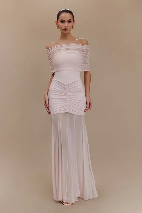 Caspian Slinky And Mesh Off Shoulder Maxi Dress – Pale Pink Caspian Slinky And Mesh Off Shoulder Maxi Dress – Pale Pink