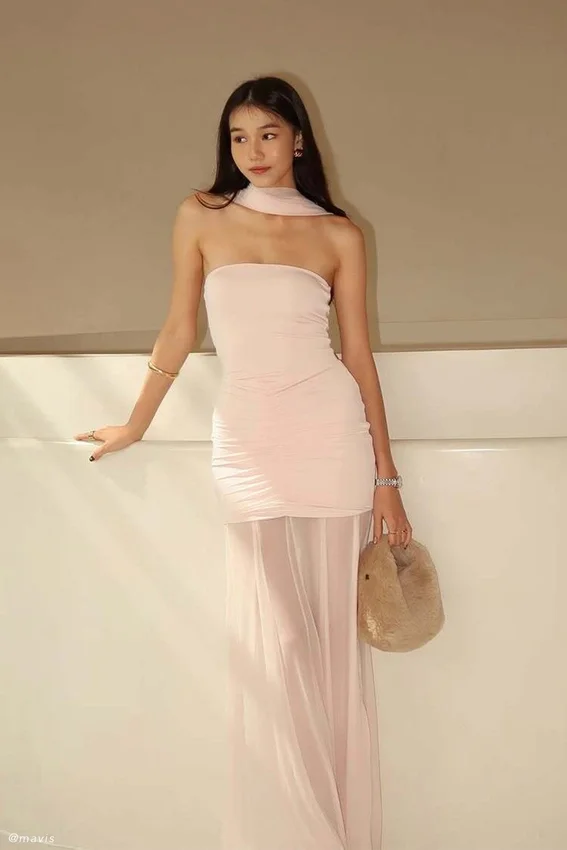 Caspian Slinky And Mesh Off Shoulder Maxi Dress – Pale Pink Caspian Slinky And Mesh Off Shoulder Maxi Dress – Pale Pink