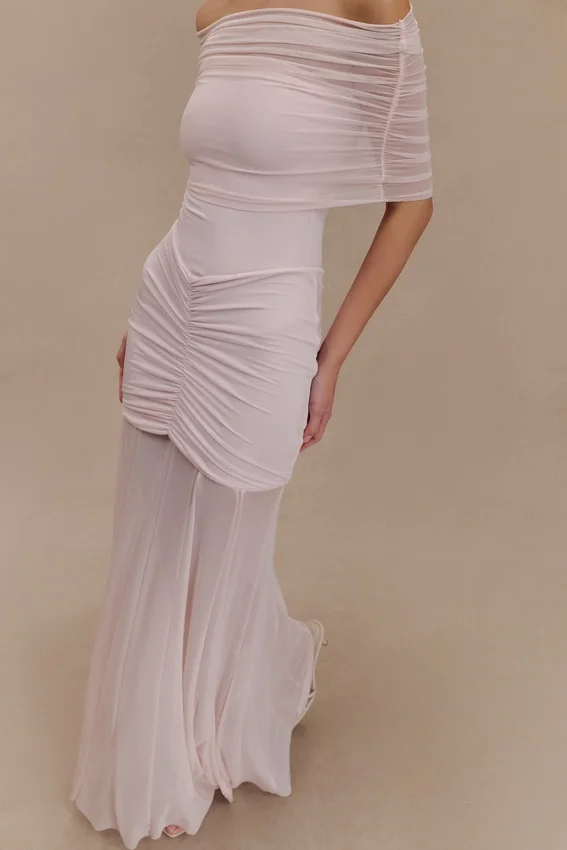 Caspian Slinky And Mesh Off Shoulder Maxi Dress – Pale Pink Caspian Slinky And Mesh Off Shoulder Maxi Dress – Pale Pink