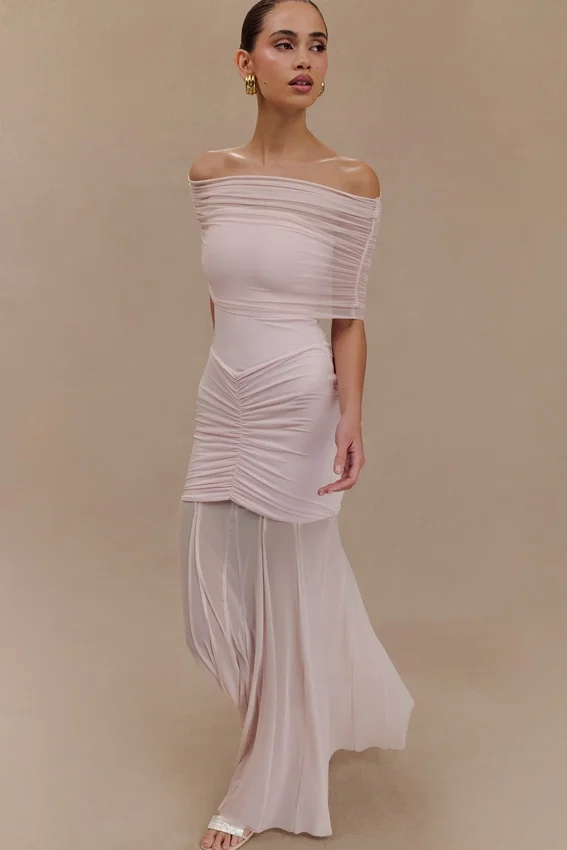 Caspian Slinky And Mesh Off Shoulder Maxi Dress – Pale Pink Caspian Slinky And Mesh Off Shoulder Maxi Dress – Pale Pink