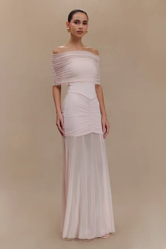 Caspian Slinky And Mesh Off Shoulder Maxi Dress – Pale Pink Caspian Slinky And Mesh Off Shoulder Maxi Dress – Pale Pink