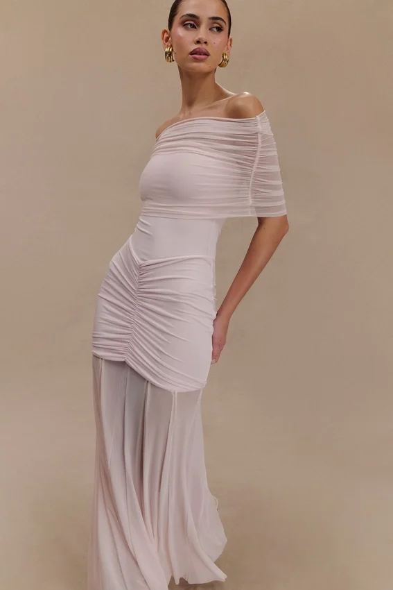 Caspian Slinky And Mesh Off Shoulder Maxi Dress – Pale Pink Caspian Slinky And Mesh Off Shoulder Maxi Dress – Pale Pink