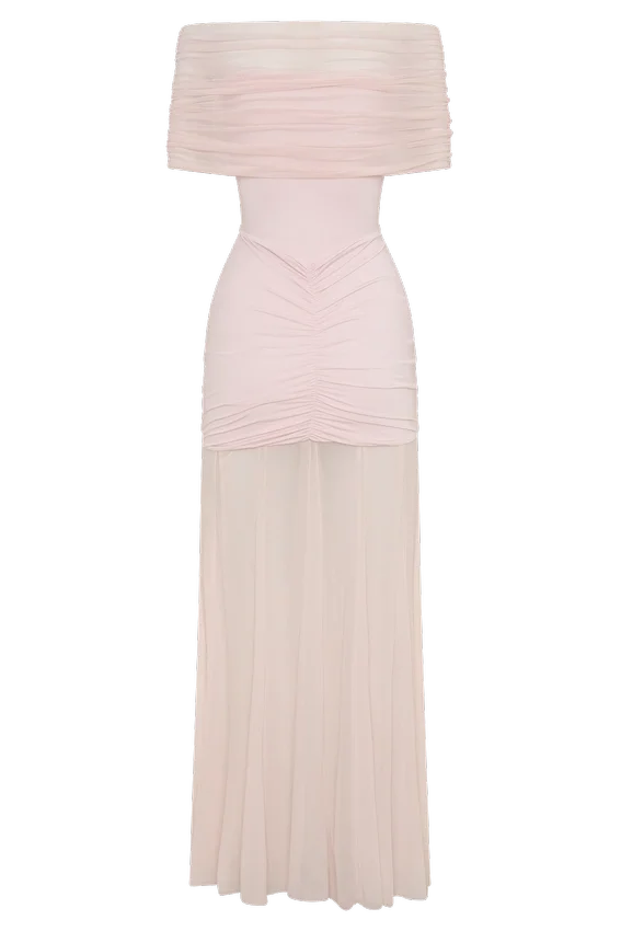 Caspian Slinky And Mesh Off Shoulder Maxi Dress – Pale Pink Caspian Slinky And Mesh Off Shoulder Maxi Dress – Pale Pink
