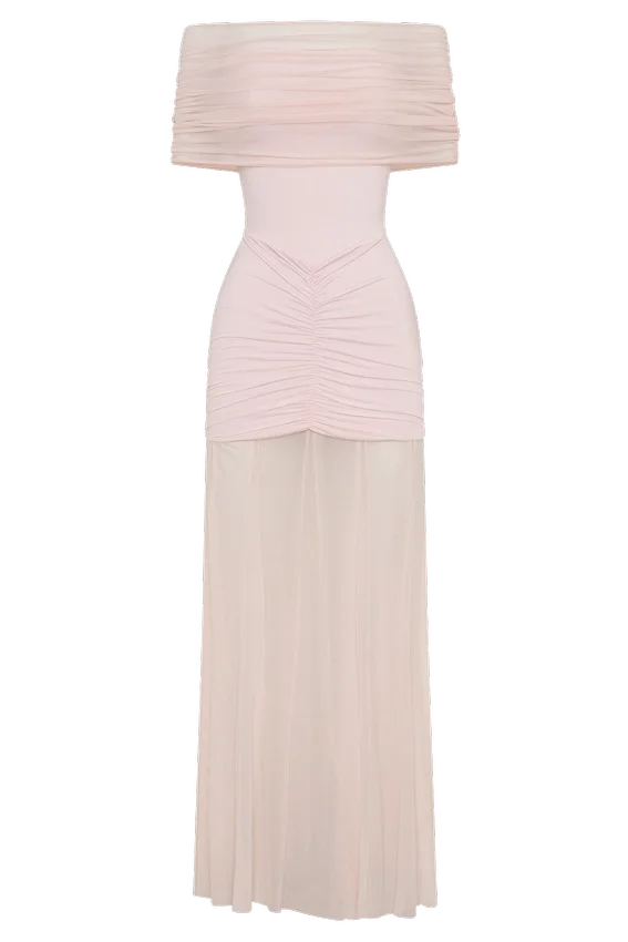 Caspian Slinky And Mesh Off Shoulder Maxi Dress – Pale Pink Caspian Slinky And Mesh Off Shoulder Maxi Dress – Pale Pink