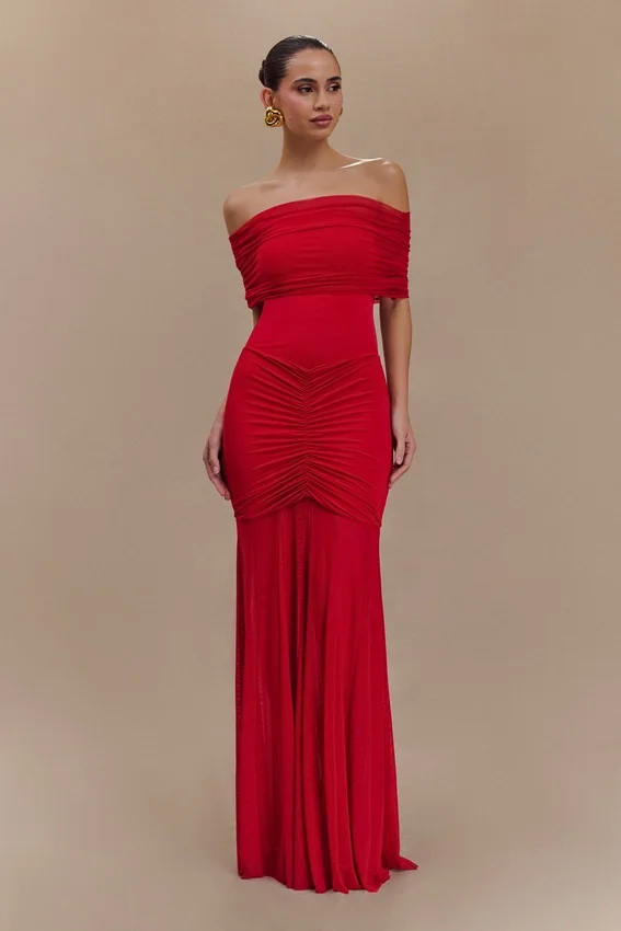 Caspian Slinky And Mesh Off Shoulder Maxi Dress – Ruby Caspian Slinky And Mesh Off Shoulder Maxi Dress – Ruby