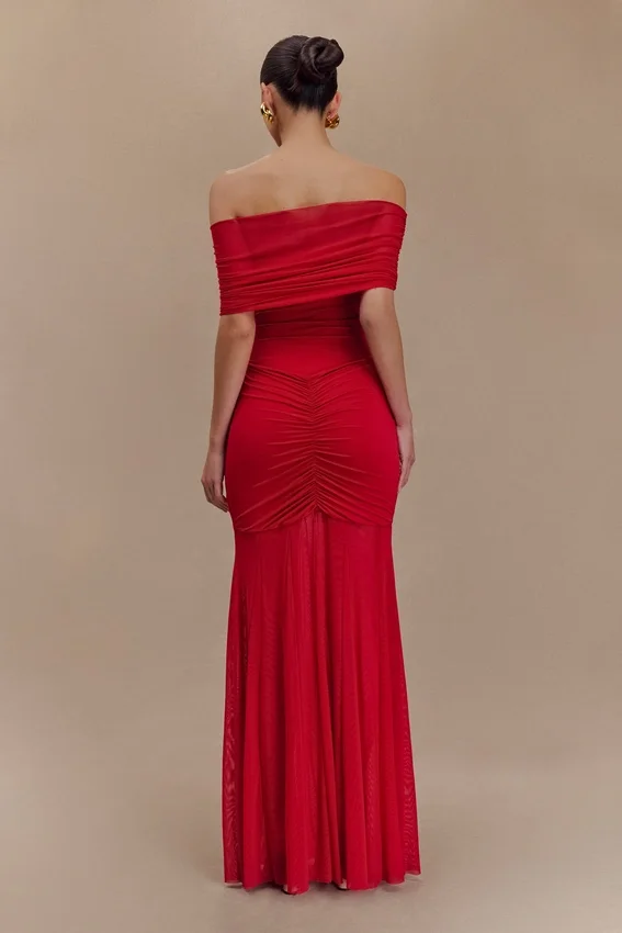 Caspian Slinky And Mesh Off Shoulder Maxi Dress – Ruby Caspian Slinky And Mesh Off Shoulder Maxi Dress – Ruby