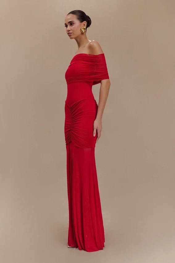 Caspian Slinky And Mesh Off Shoulder Maxi Dress – Ruby Caspian Slinky And Mesh Off Shoulder Maxi Dress – Ruby