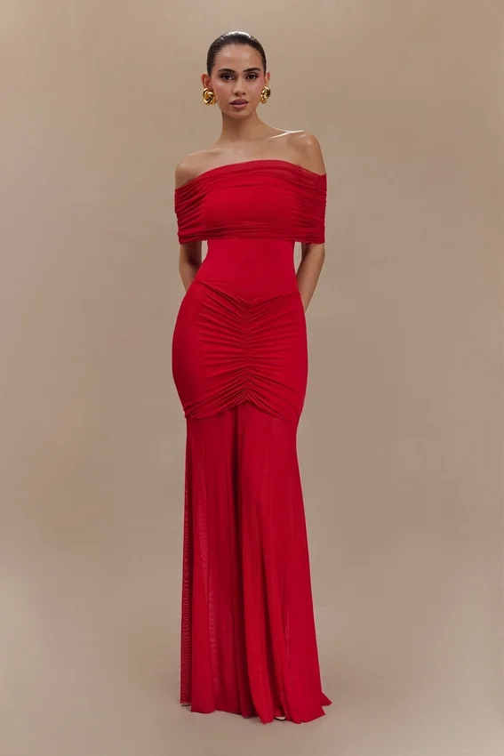 Caspian Slinky And Mesh Off Shoulder Maxi Dress – Ruby Caspian Slinky And Mesh Off Shoulder Maxi Dress – Ruby