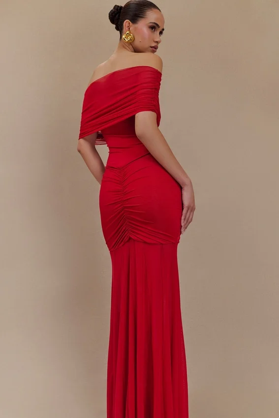 Caspian Slinky And Mesh Off Shoulder Maxi Dress – Ruby Caspian Slinky And Mesh Off Shoulder Maxi Dress – Ruby