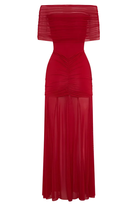 Caspian Slinky And Mesh Off Shoulder Maxi Dress – Ruby Caspian Slinky And Mesh Off Shoulder Maxi Dress – Ruby