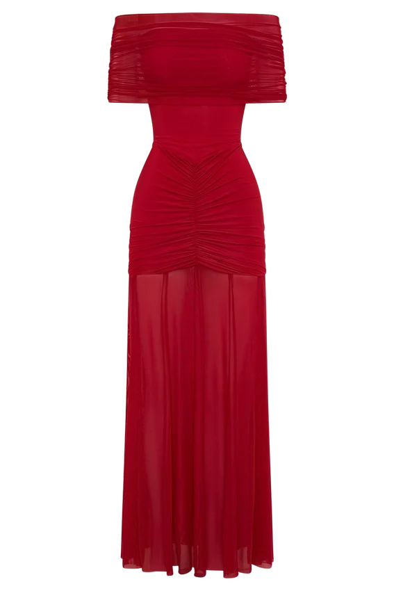 Caspian Slinky And Mesh Off Shoulder Maxi Dress – Ruby Caspian Slinky And Mesh Off Shoulder Maxi Dress – Ruby