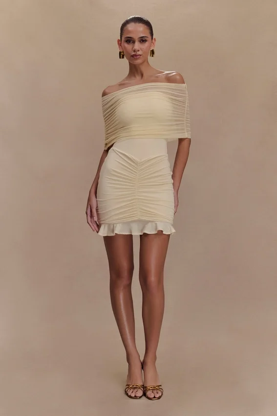 Caspian Slinky And Mesh Off Shoulder Mini Dress – Ivory Caspian Slinky And Mesh Off Shoulder Mini Dress – Ivory