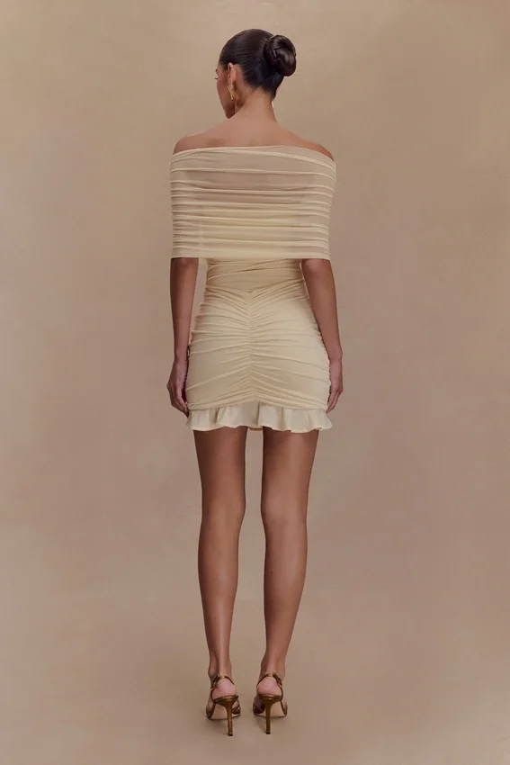 Caspian Slinky And Mesh Off Shoulder Mini Dress – Ivory Caspian Slinky And Mesh Off Shoulder Mini Dress – Ivory