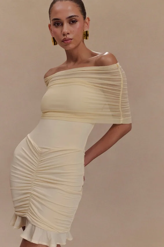 Caspian Slinky And Mesh Off Shoulder Mini Dress – Ivory Caspian Slinky And Mesh Off Shoulder Mini Dress – Ivory