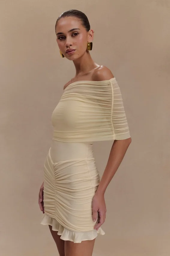 Caspian Slinky And Mesh Off Shoulder Mini Dress – Ivory Caspian Slinky And Mesh Off Shoulder Mini Dress – Ivory
