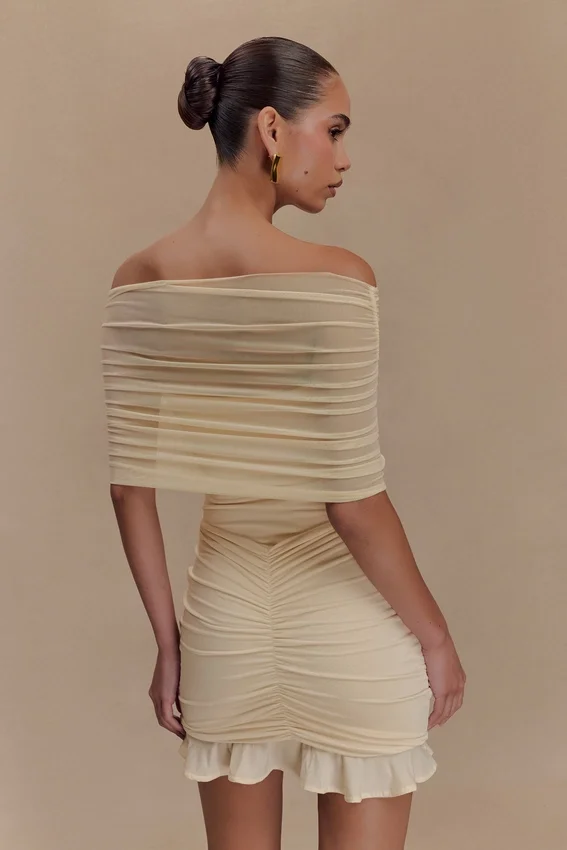 Caspian Slinky And Mesh Off Shoulder Mini Dress – Ivory Caspian Slinky And Mesh Off Shoulder Mini Dress – Ivory