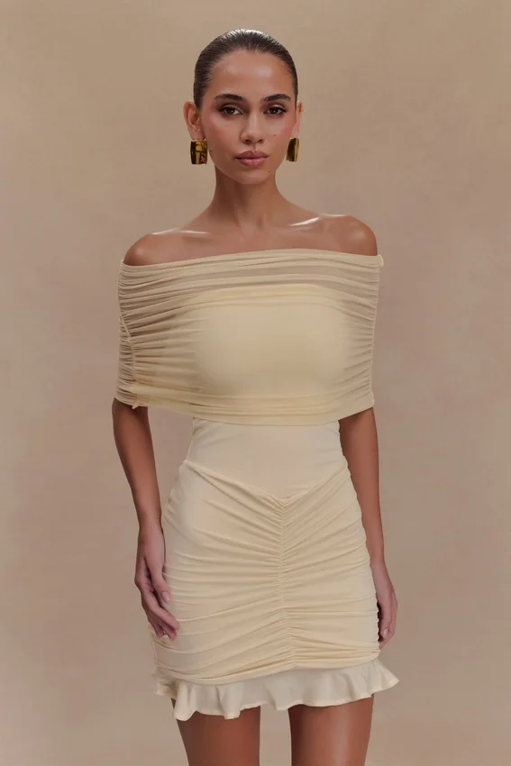Caspian Slinky And Mesh Off Shoulder Mini Dress – Ivory Caspian Slinky And Mesh Off Shoulder Mini Dress – Ivory