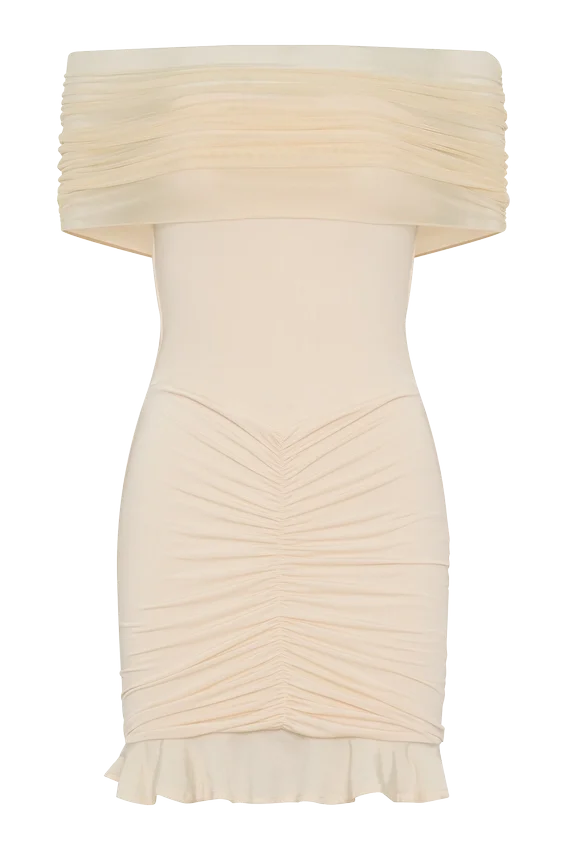 Caspian Slinky And Mesh Off Shoulder Mini Dress – Ivory Caspian Slinky And Mesh Off Shoulder Mini Dress – Ivory