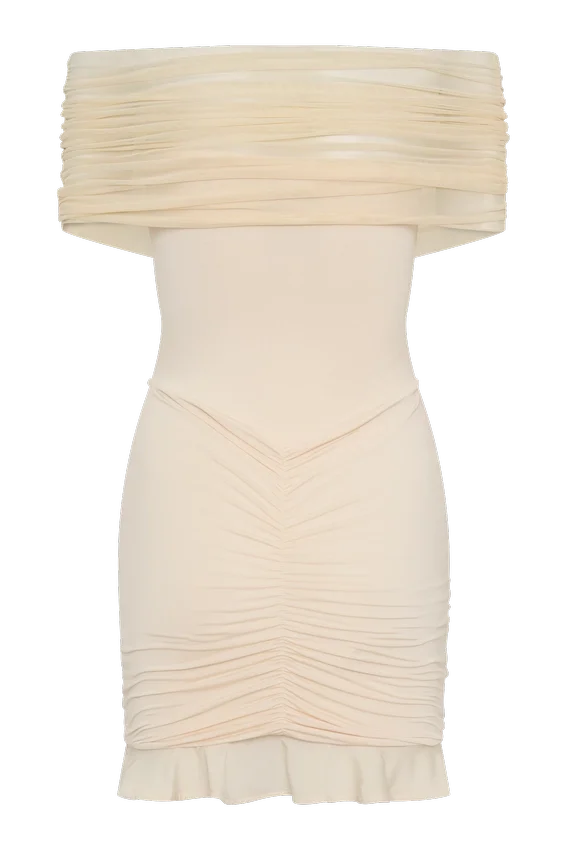 Caspian Slinky And Mesh Off Shoulder Mini Dress – Ivory Caspian Slinky And Mesh Off Shoulder Mini Dress – Ivory
