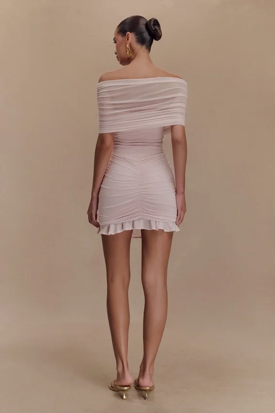 Caspian Slinky And Mesh Off Shoulder Mini Dress – Pale Pink Caspian Slinky And Mesh Off Shoulder Mini Dress – Pale Pink