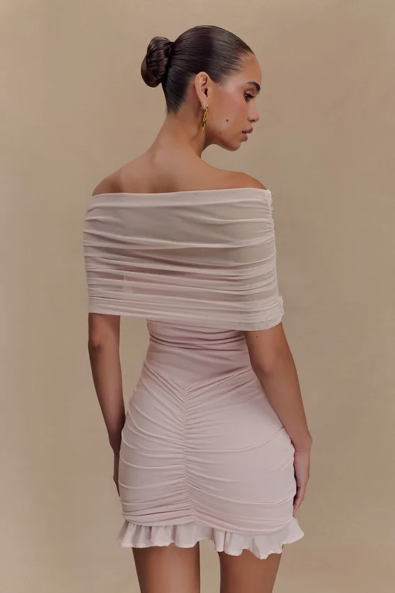 Caspian Slinky And Mesh Off Shoulder Mini Dress – Pale Pink Caspian Slinky And Mesh Off Shoulder Mini Dress – Pale Pink