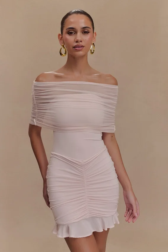 Caspian Slinky And Mesh Off Shoulder Mini Dress – Pale Pink Caspian Slinky And Mesh Off Shoulder Mini Dress – Pale Pink