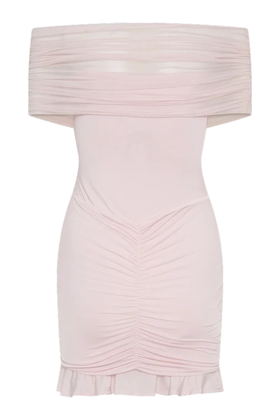Caspian Slinky And Mesh Off Shoulder Mini Dress – Pale Pink Caspian Slinky And Mesh Off Shoulder Mini Dress – Pale Pink