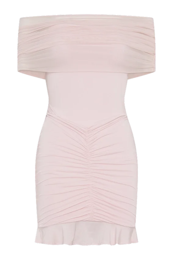 Caspian Slinky And Mesh Off Shoulder Mini Dress – Pale Pink Caspian Slinky And Mesh Off Shoulder Mini Dress – Pale Pink