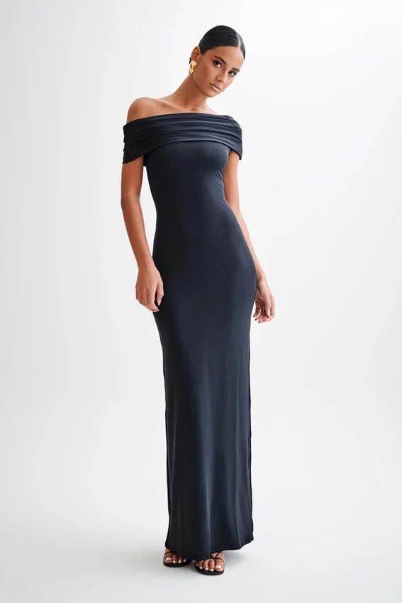 Cassandra Off Shoulder Slinky Maxi Dress – Black Cassandra Off Shoulder Slinky Maxi Dress – Black