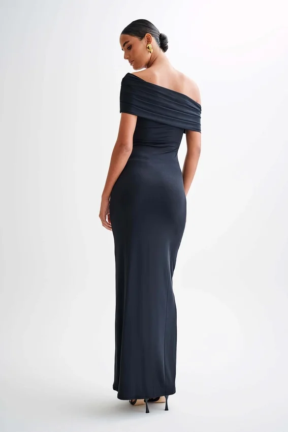 Cassandra Off Shoulder Slinky Maxi Dress – Black Cassandra Off Shoulder Slinky Maxi Dress – Black