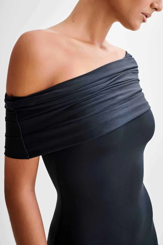 Cassandra Off Shoulder Slinky Maxi Dress – Black Cassandra Off Shoulder Slinky Maxi Dress – Black