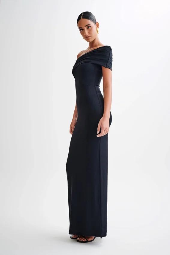 Cassandra Off Shoulder Slinky Maxi Dress – Black Cassandra Off Shoulder Slinky Maxi Dress – Black