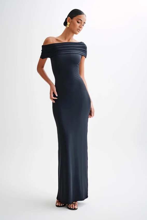 Cassandra Off Shoulder Slinky Maxi Dress – Black Cassandra Off Shoulder Slinky Maxi Dress – Black