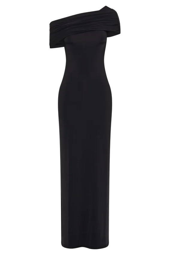 Cassandra Off Shoulder Slinky Maxi Dress – Black Cassandra Off Shoulder Slinky Maxi Dress – Black