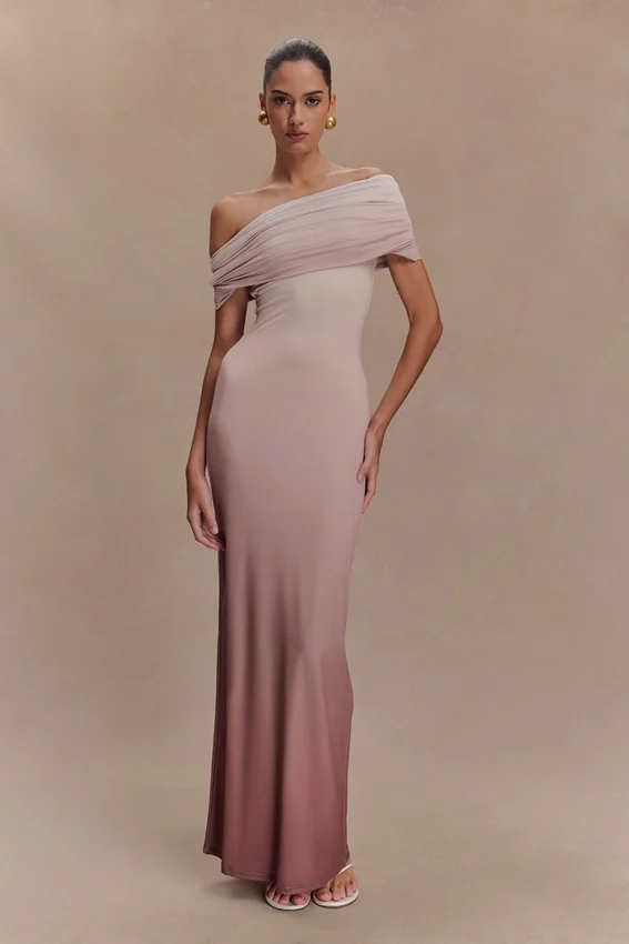 Cassandra Off Shoulder Slinky Maxi Dress – Neutral Ombre Cassandra Off Shoulder Slinky Maxi Dress – Neutral Ombre