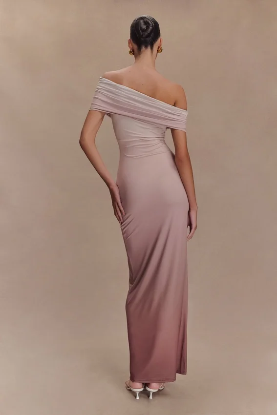 Cassandra Off Shoulder Slinky Maxi Dress – Neutral Ombre Cassandra Off Shoulder Slinky Maxi Dress – Neutral Ombre