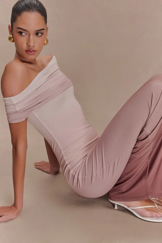 Cassandra Off Shoulder Slinky Maxi Dress – Neutral Ombre Cassandra Off Shoulder Slinky Maxi Dress – Neutral Ombre