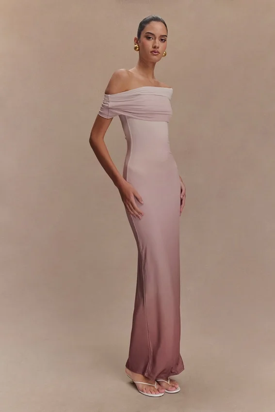Cassandra Off Shoulder Slinky Maxi Dress – Neutral Ombre Cassandra Off Shoulder Slinky Maxi Dress – Neutral Ombre