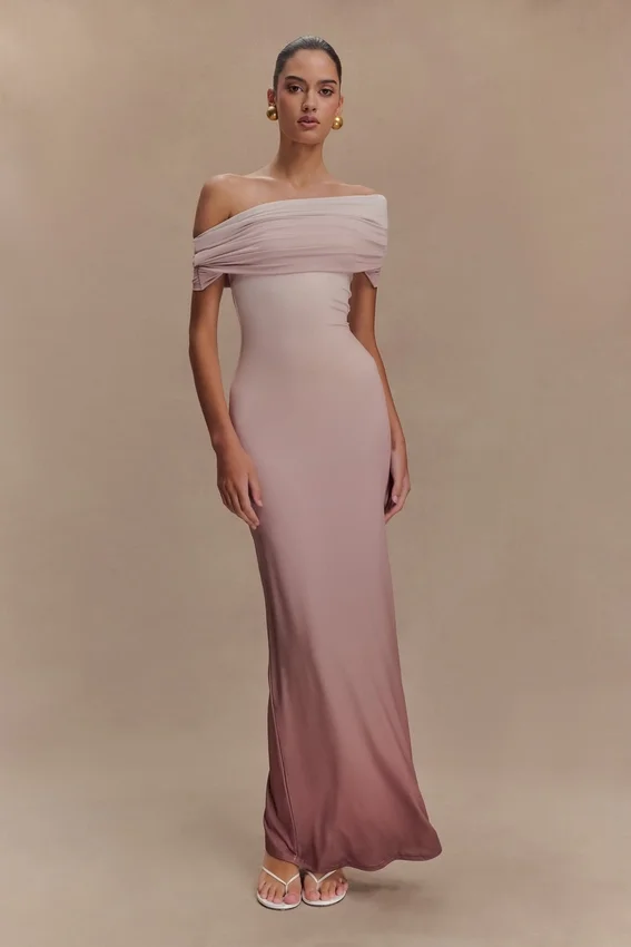 Cassandra Off Shoulder Slinky Maxi Dress – Neutral Ombre Cassandra Off Shoulder Slinky Maxi Dress – Neutral Ombre