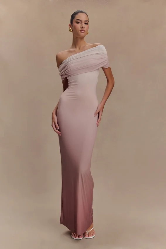 Cassandra Off Shoulder Slinky Maxi Dress – Neutral Ombre Cassandra Off Shoulder Slinky Maxi Dress – Neutral Ombre