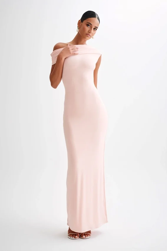 Cassandra Off Shoulder Slinky Maxi Dress – Pale Pink Cassandra Off Shoulder Slinky Maxi Dress – Pale Pink