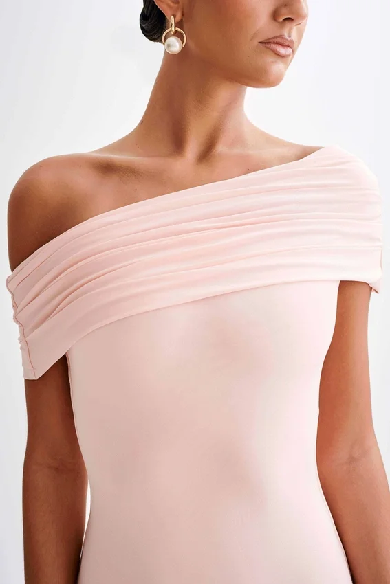 Cassandra Off Shoulder Slinky Maxi Dress – Pale Pink Cassandra Off Shoulder Slinky Maxi Dress – Pale Pink
