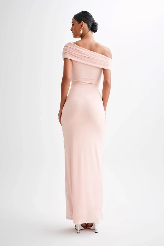 Cassandra Off Shoulder Slinky Maxi Dress – Pale Pink Cassandra Off Shoulder Slinky Maxi Dress – Pale Pink
