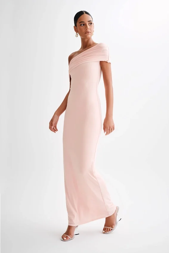 Cassandra Off Shoulder Slinky Maxi Dress – Pale Pink Cassandra Off Shoulder Slinky Maxi Dress – Pale Pink
