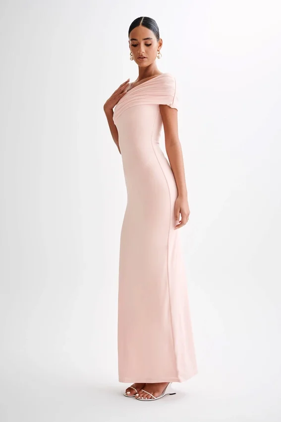 Cassandra Off Shoulder Slinky Maxi Dress – Pale Pink Cassandra Off Shoulder Slinky Maxi Dress – Pale Pink