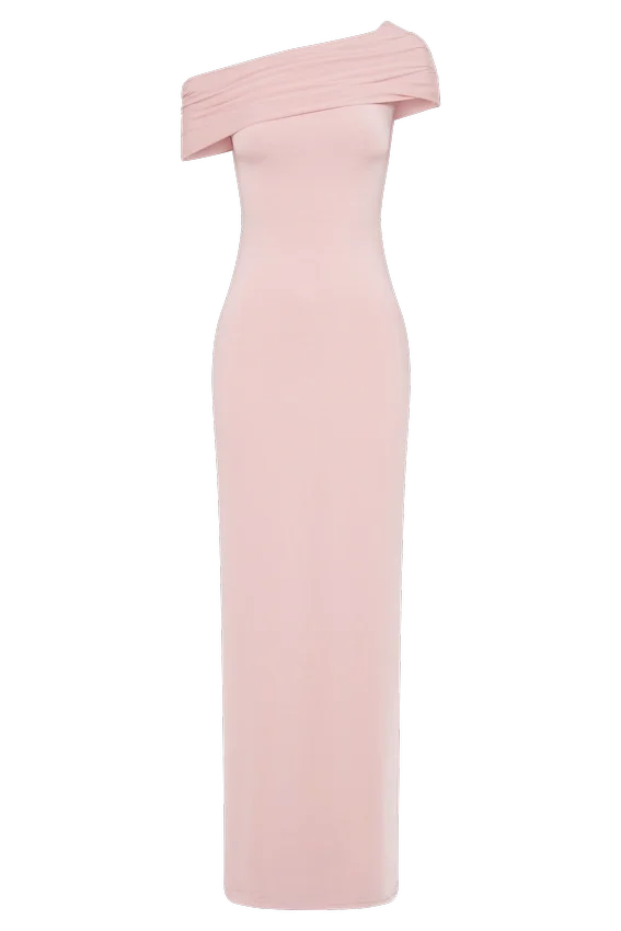Cassandra Off Shoulder Slinky Maxi Dress – Pale Pink Cassandra Off Shoulder Slinky Maxi Dress – Pale Pink