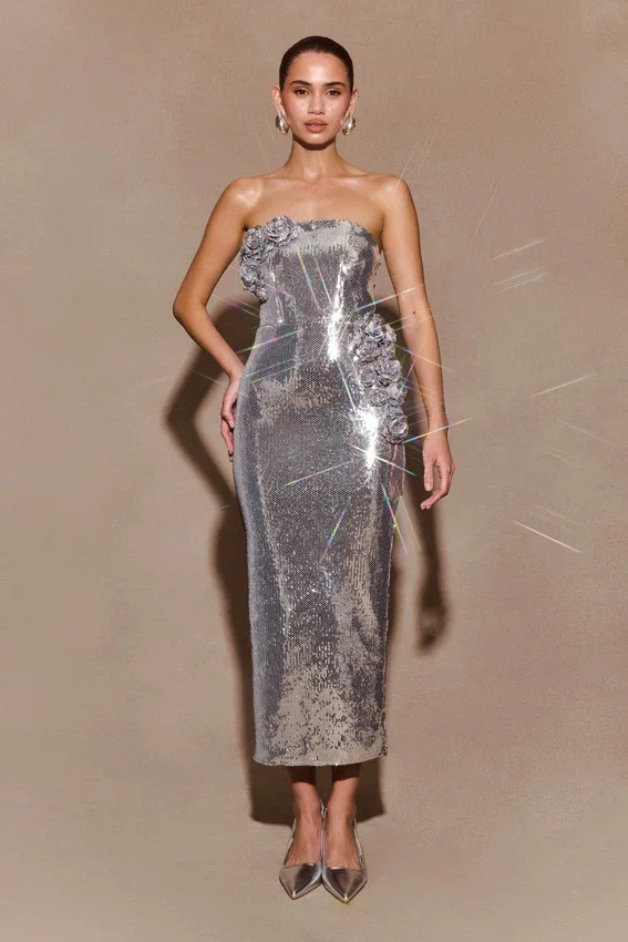 Cassia Strapless Sequin Rose Midi Dress – Silver Cassia Strapless Sequin Rose Midi Dress – Silver