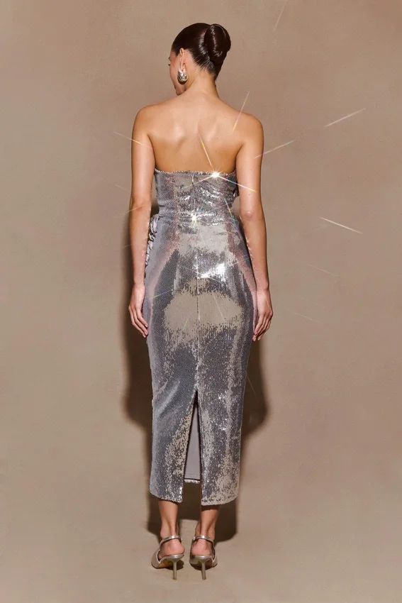 Cassia Strapless Sequin Rose Midi Dress – Silver Cassia Strapless Sequin Rose Midi Dress – Silver