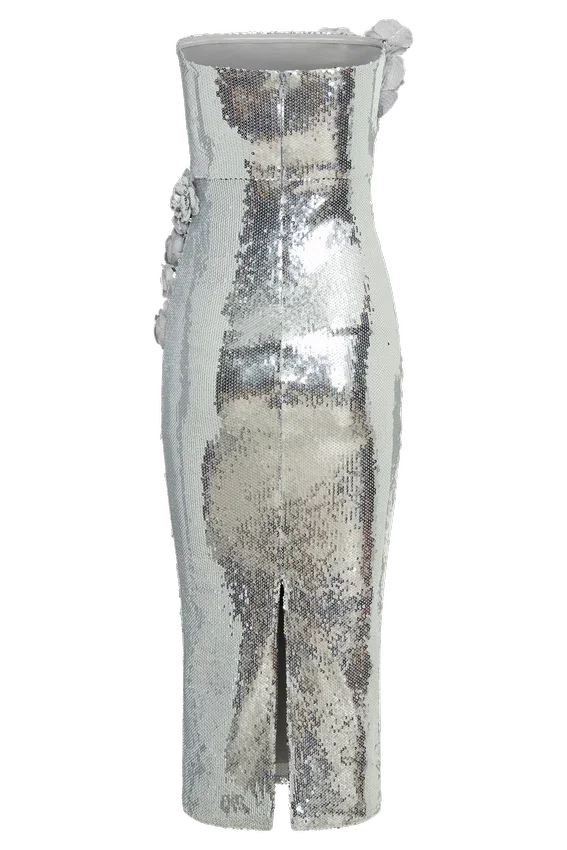Cassia Strapless Sequin Rose Midi Dress – Silver Cassia Strapless Sequin Rose Midi Dress – Silver